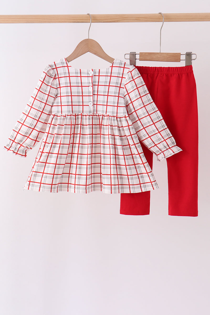 Red Plaid Santa Smocked Bow Pants Set