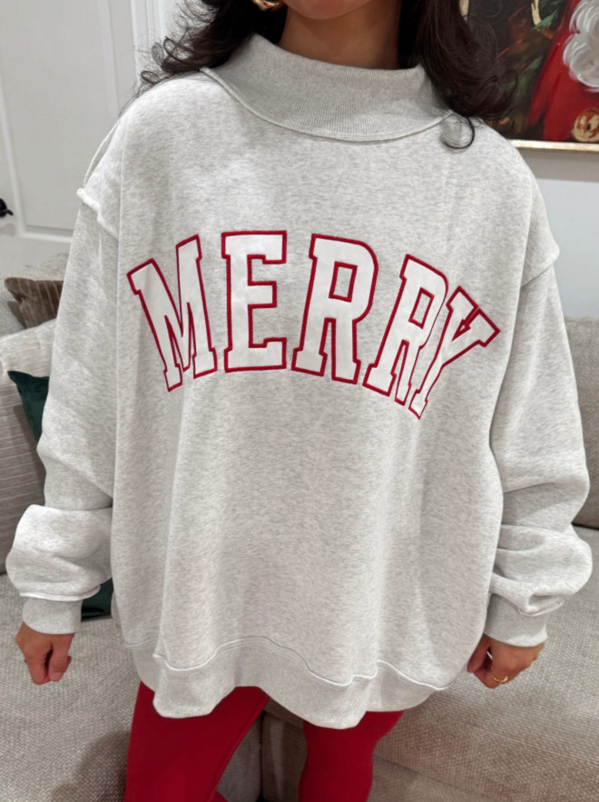 Outline Merry Embroidered Mock Neck Pullover