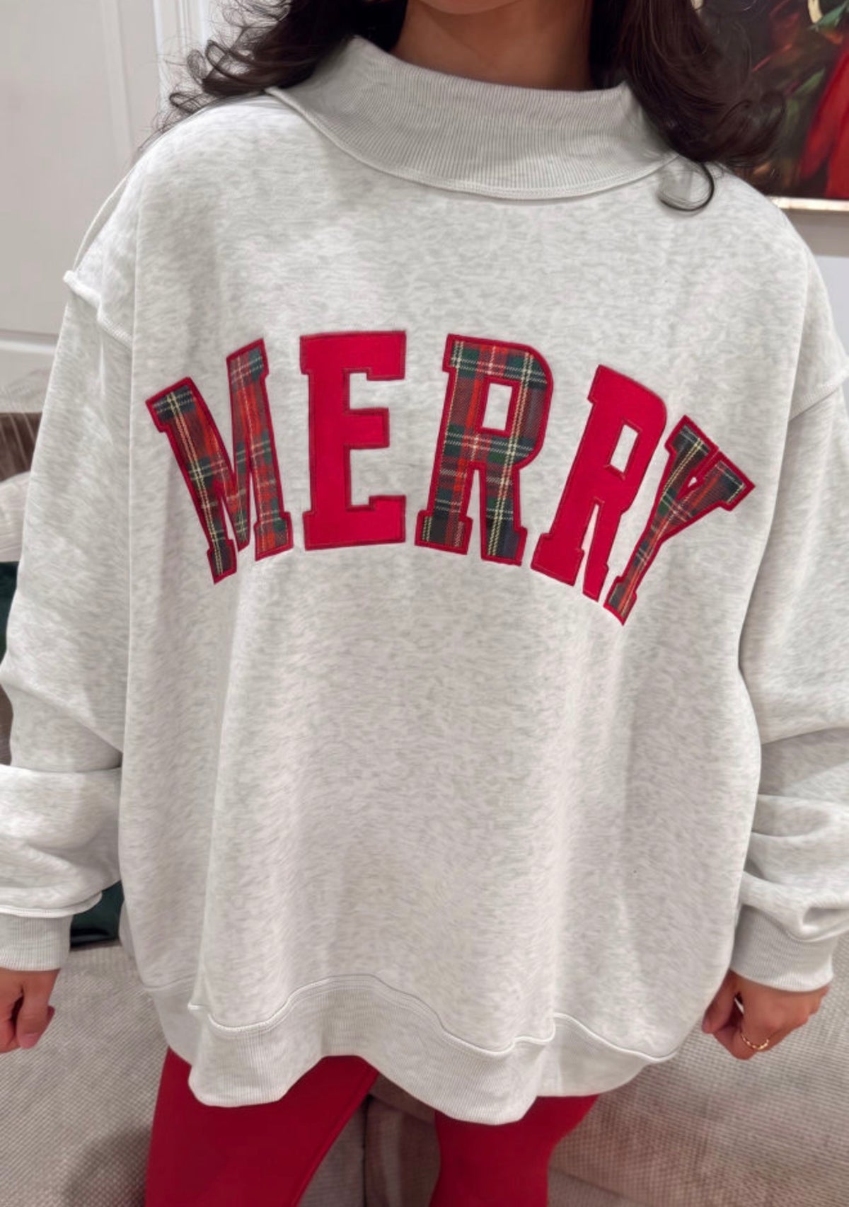 Plaid Merry Embroidered Mock Neck Pullover