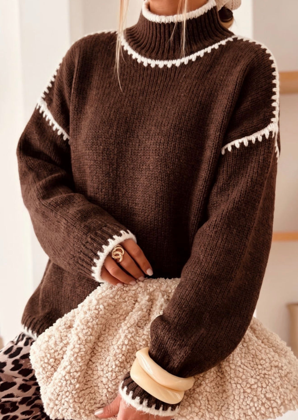 Contrast Trim Mock Neck Sweater