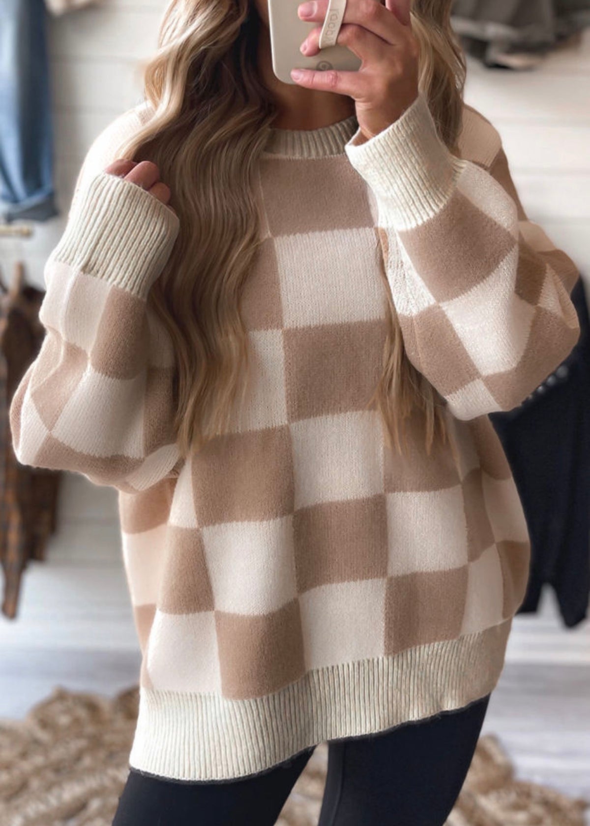Checkered Ribbed Trim Sweater
