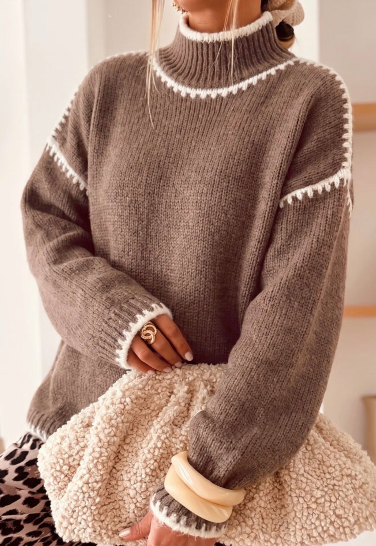 Contrast Trim Mock Neck Sweater