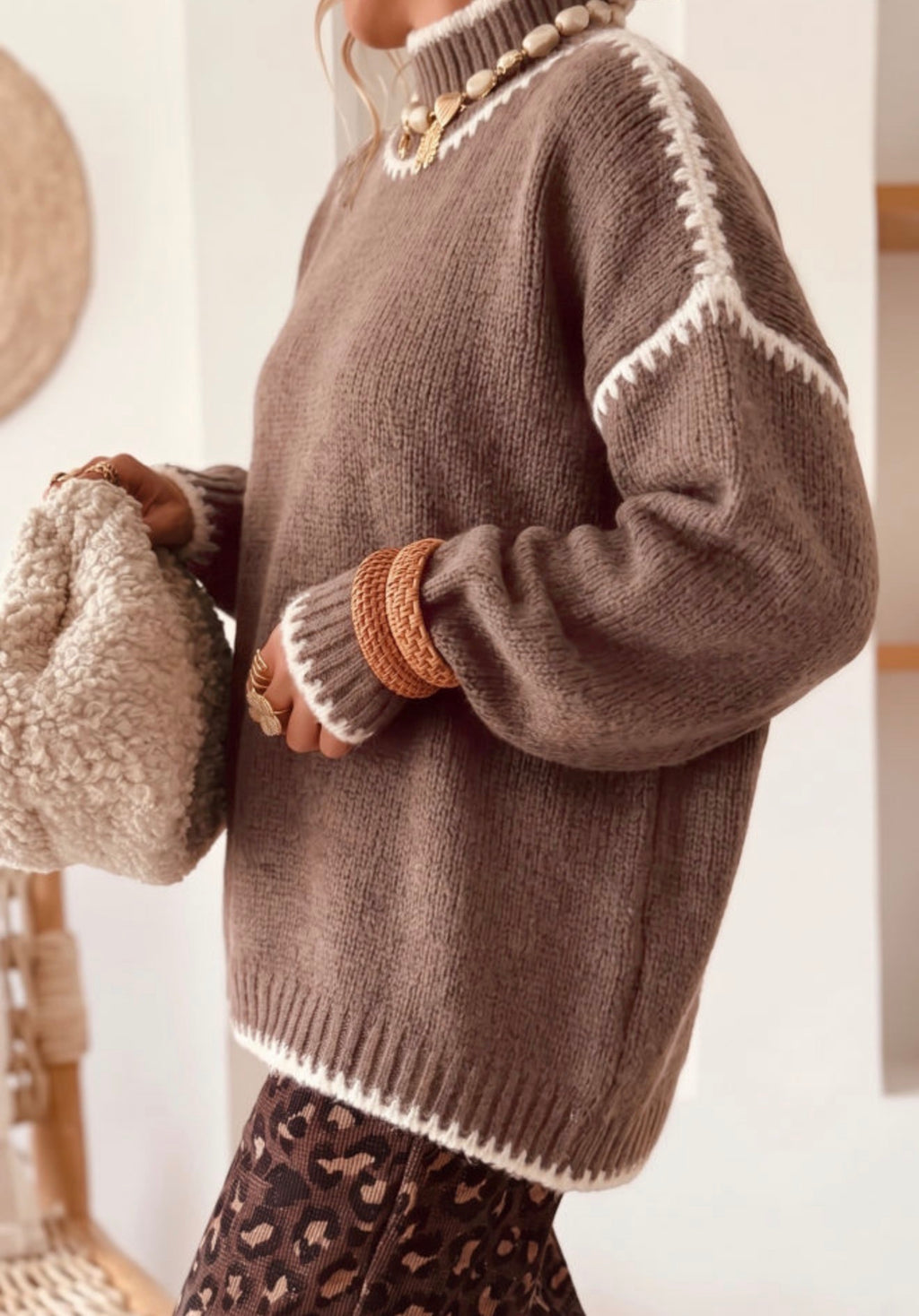 Contrast Trim Mock Neck Sweater