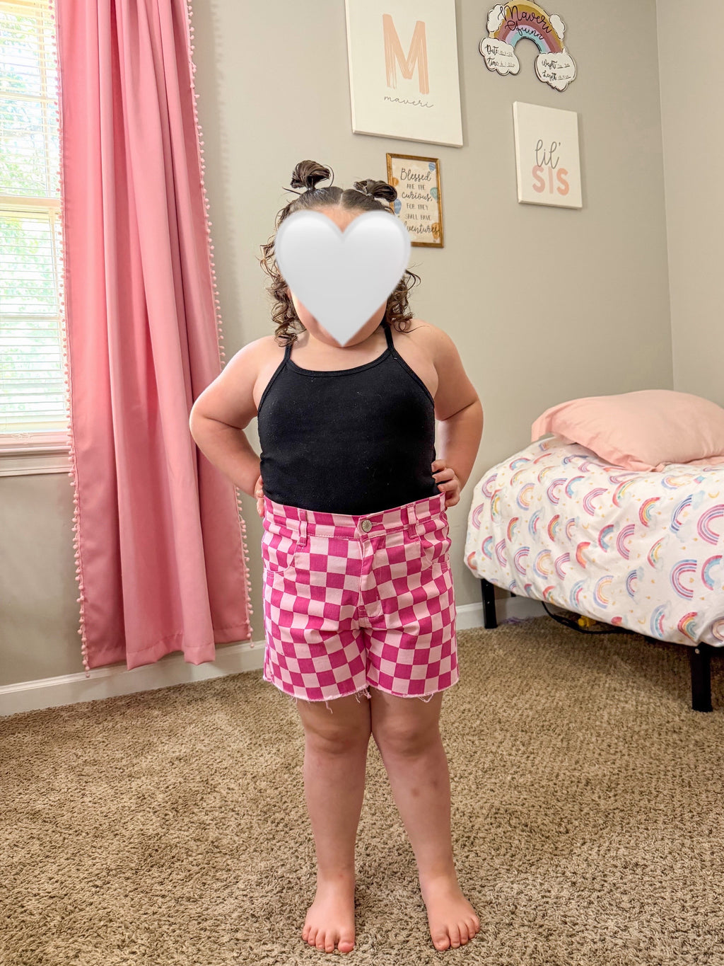 Girls Pink Checkered Denim Shorts