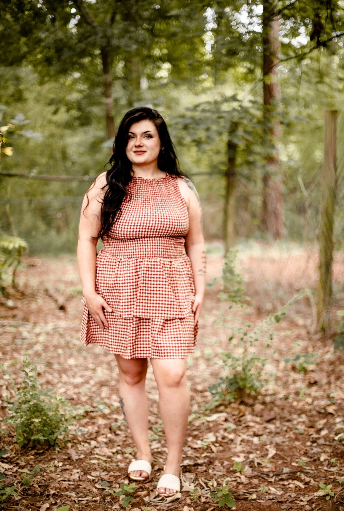 Women’s Smocked Gingham Sleeveless Ruffle Mini Dress
