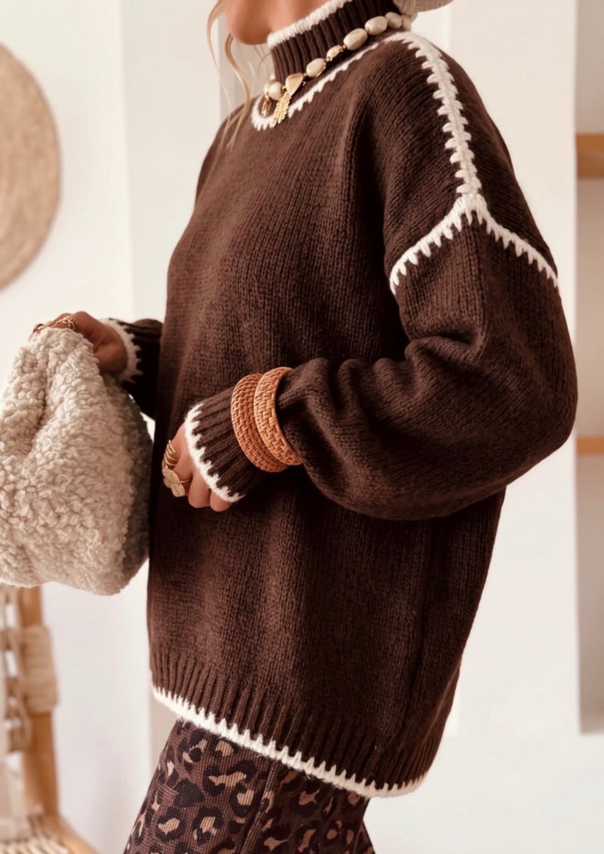Contrast Trim Mock Neck Sweater