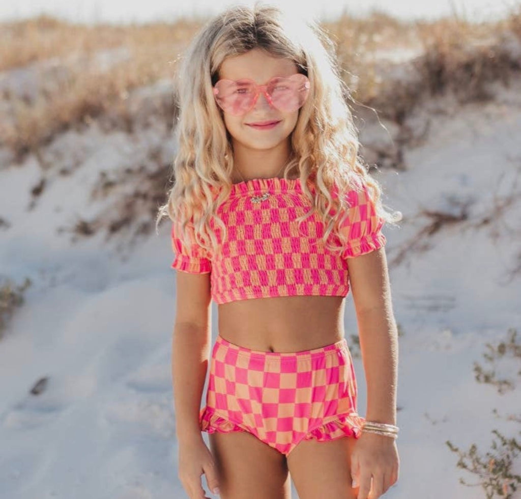 Girls Pink Check Swimsuit