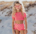 Girls Pink Check Swimsuit