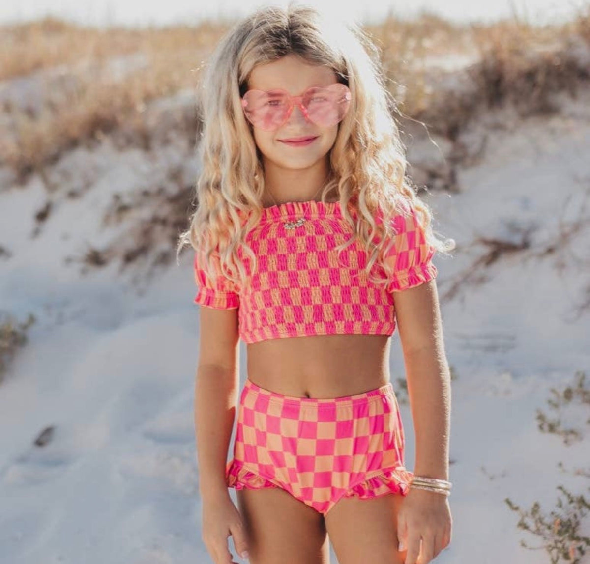 Girls Pink Check Swimsuit