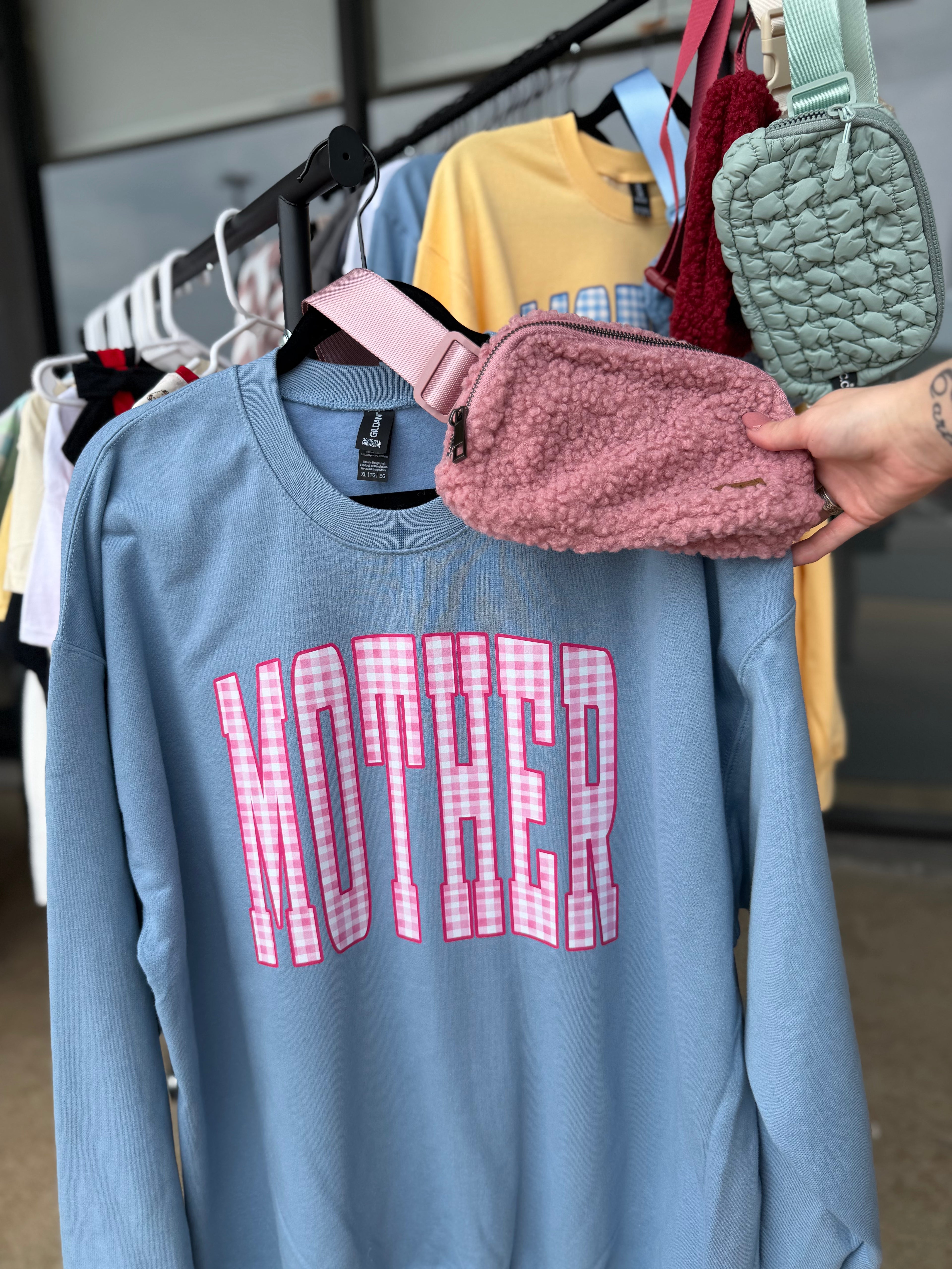 Blue Mother Gingham Crewneck