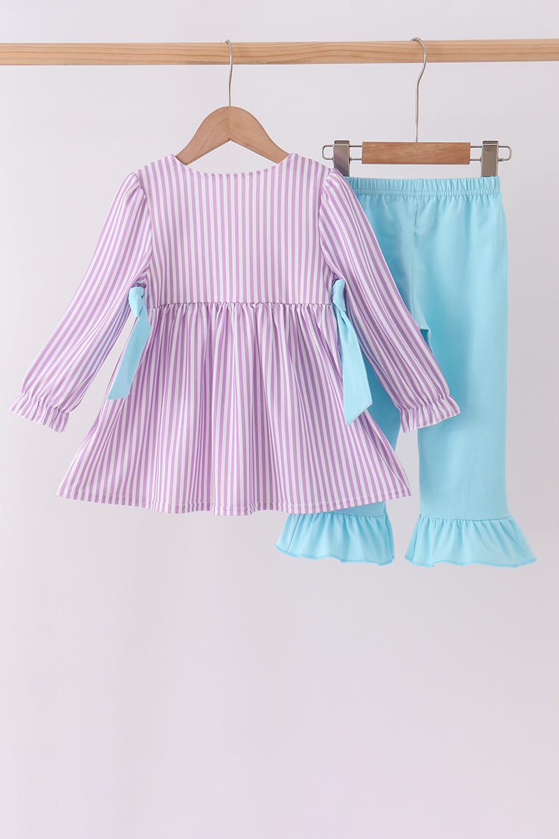 Purple Stripe Frozen Embroidery Ruffle Pants Set